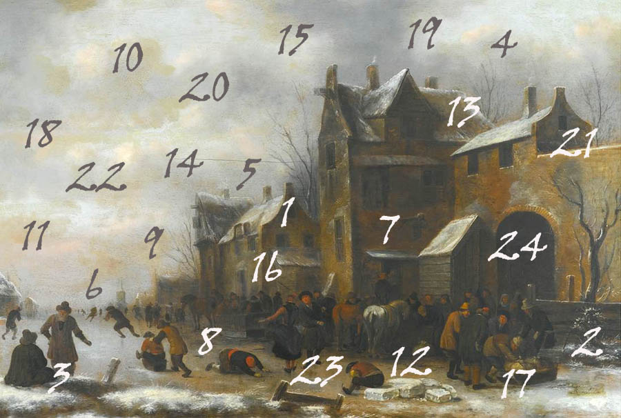 Winter scene from the 17th century with skaters and little houses